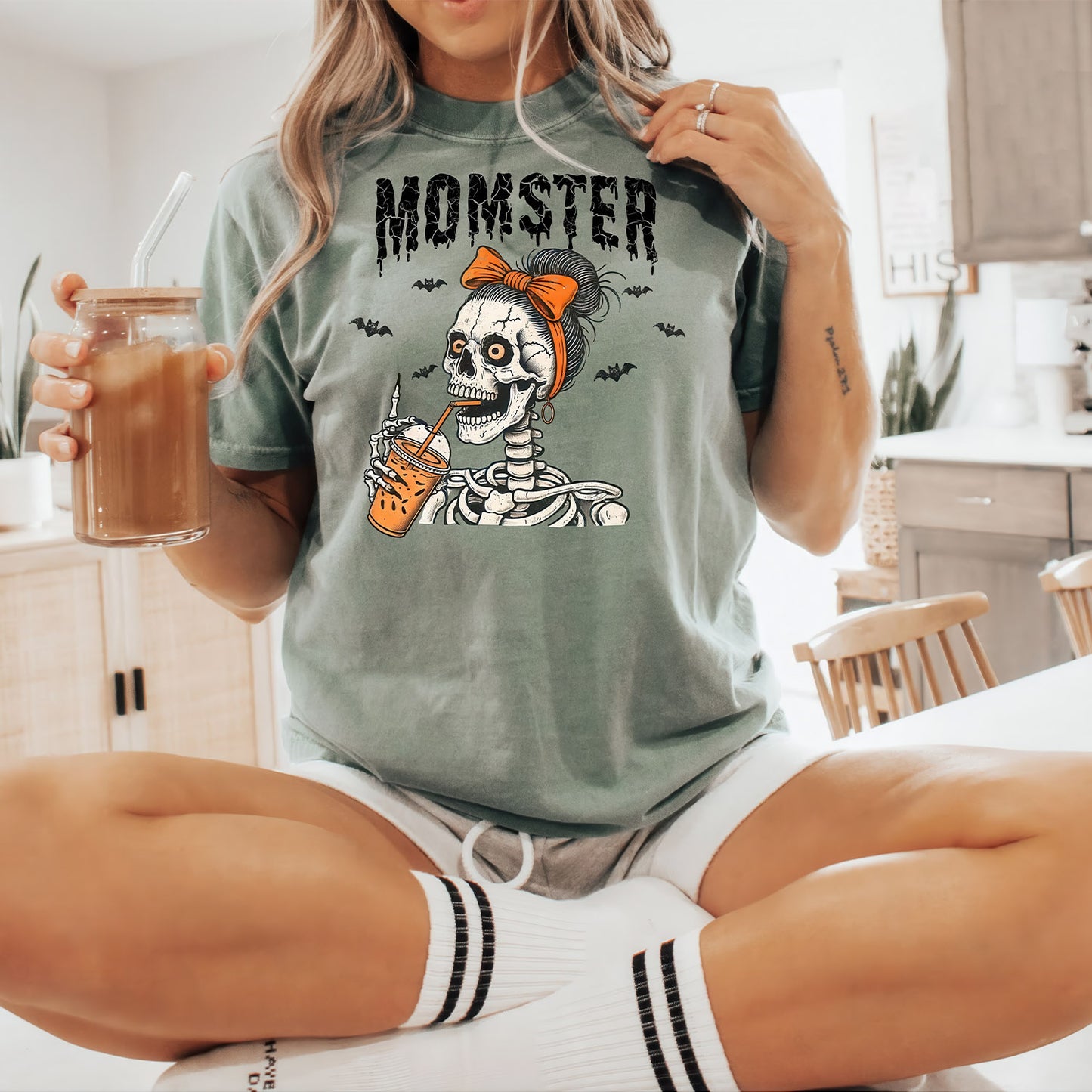 Momster Skeleton Mom Halloween Comfort Color T-Shirt, Funny Mama Halloween Shirt, Mom Spooky Season Coffee Lover Fall Tee, Gift For Mothers - Sweatshirt - Gift for Family - TS047