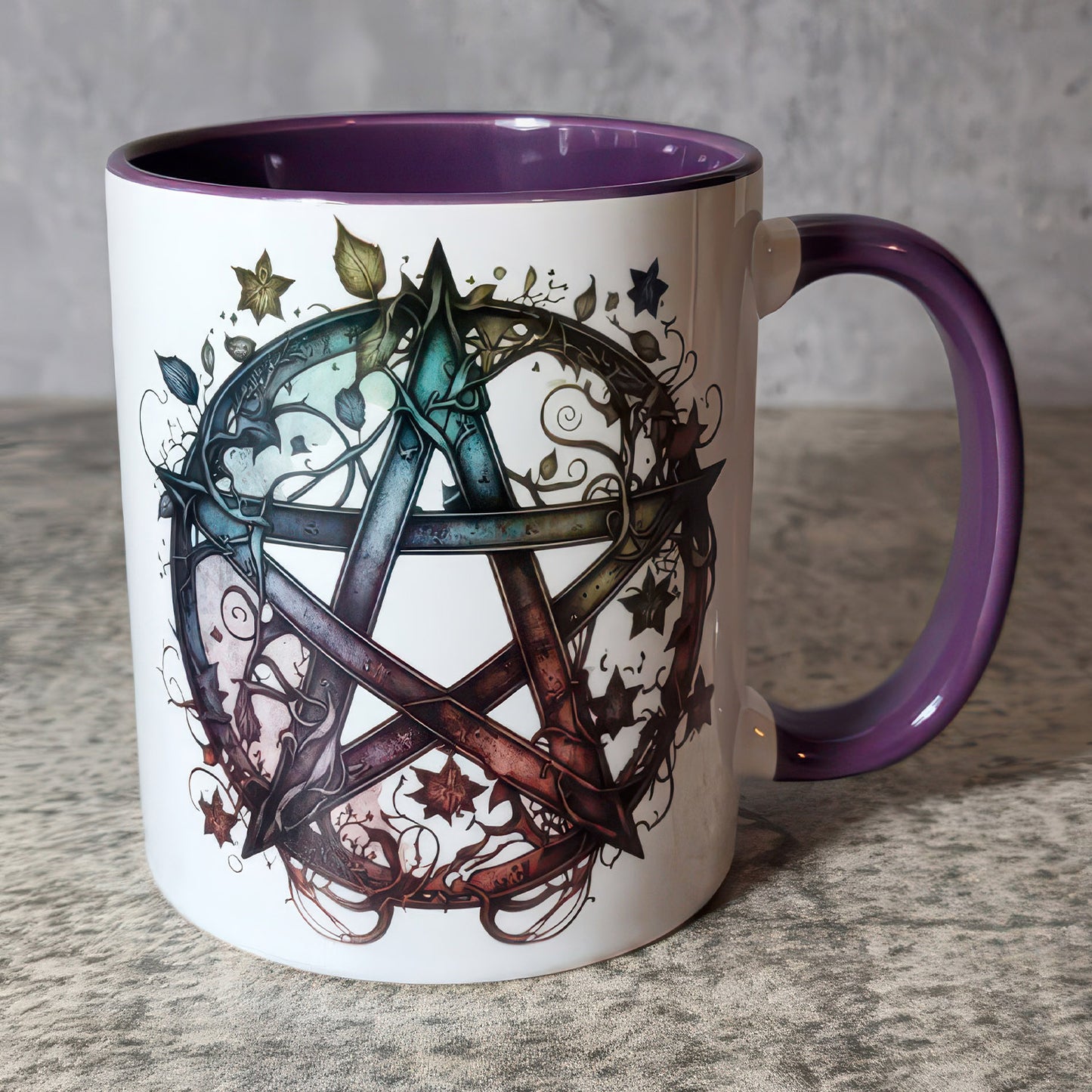 Pentagram & Forest Witch Gothic Print Ceramic Mug with Purple Handle - Gift for Family - MG005