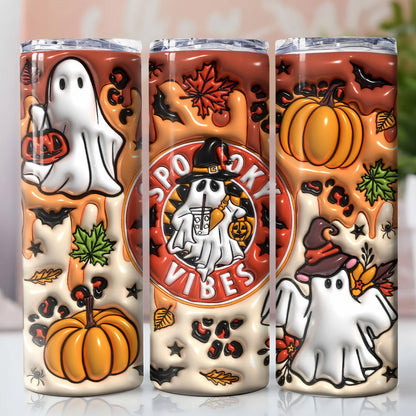 3D Orange Spooky Vibes Inflated Tumbler, Puff Halloween Ghost, 20oz Tumbler - Gift for Family - TL011