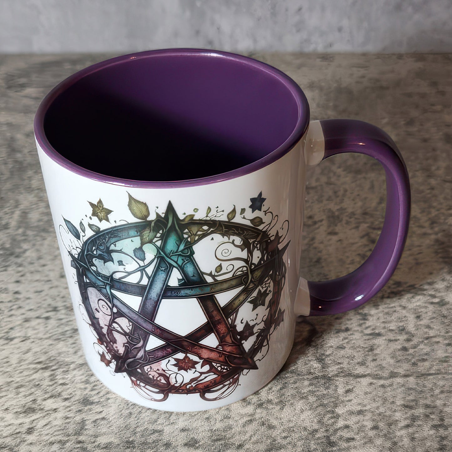 Pentagram & Forest Witch Gothic Print Ceramic Mug with Purple Handle - Gift for Family - MG005