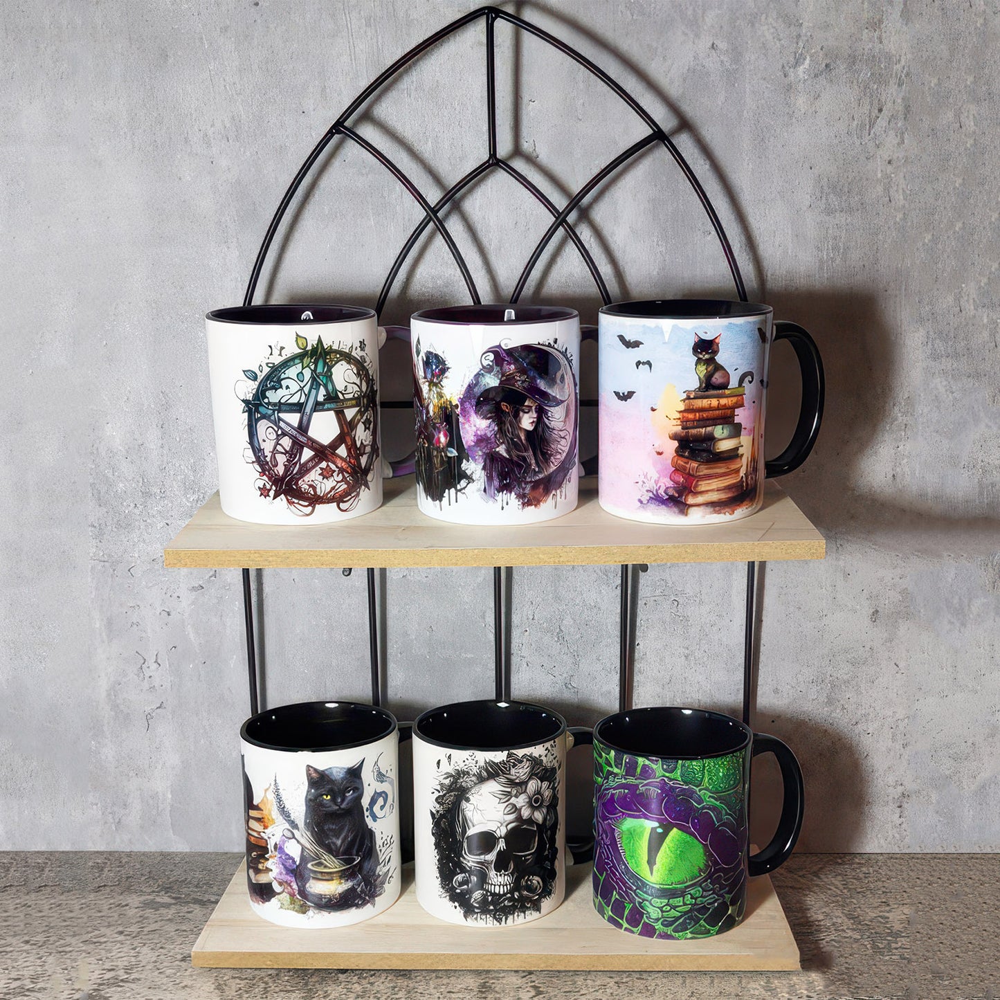 Pentagram & Forest Witch Gothic Print Ceramic Mug with Purple Handle - Gift for Family - MG005