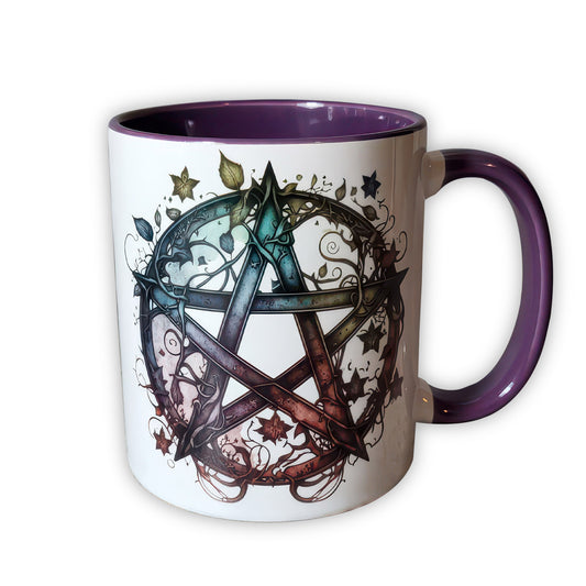 Pentagram & Forest Witch Gothic Print Ceramic Mug with Purple Handle - Gift for Family - MG005