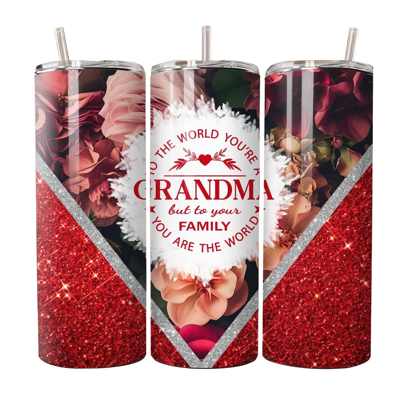 Grandmother vibrant rainbow floral Sublimation, 20oz Skinny Tumbler, Red Glitter, Grandmother 2024 Granny Tumbler - Tumbler - Gift for Family - TL025