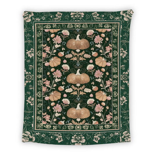 Elegant Emerald Green Pumpkin Floral Blanket Whimsical Cottagecore , Vintage Aesthetic Autumn Botanical Enchanting Art Nouveau Fall Tapestry - Blanket - Gift for Family - BL026