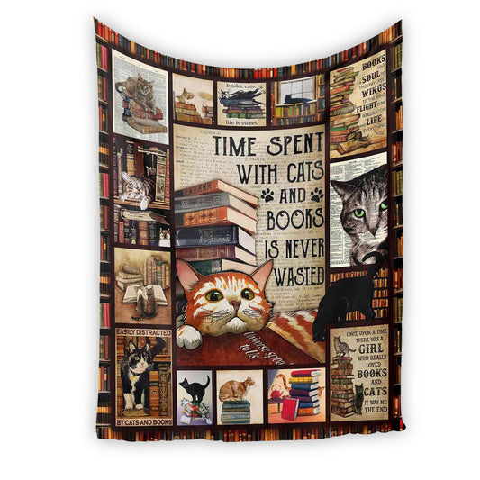 Time Spent With Cats And Books Is Never Wasted Blanket, Book Blanket, Book Lover Blanket, Reading Lover Gift, Blanket for Reader - Blanket - Gift for Family - BL005