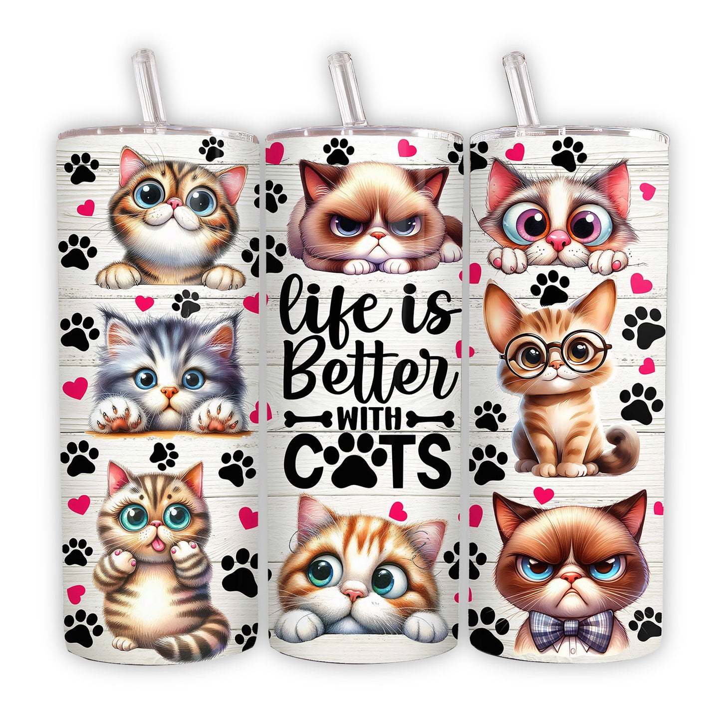 Life Is Better With Cats Tumbler, 20 oz Skinny Tumbler Sublimation Design, Cute Cat Tumbler - Tumbler - Gift for Family - TL020