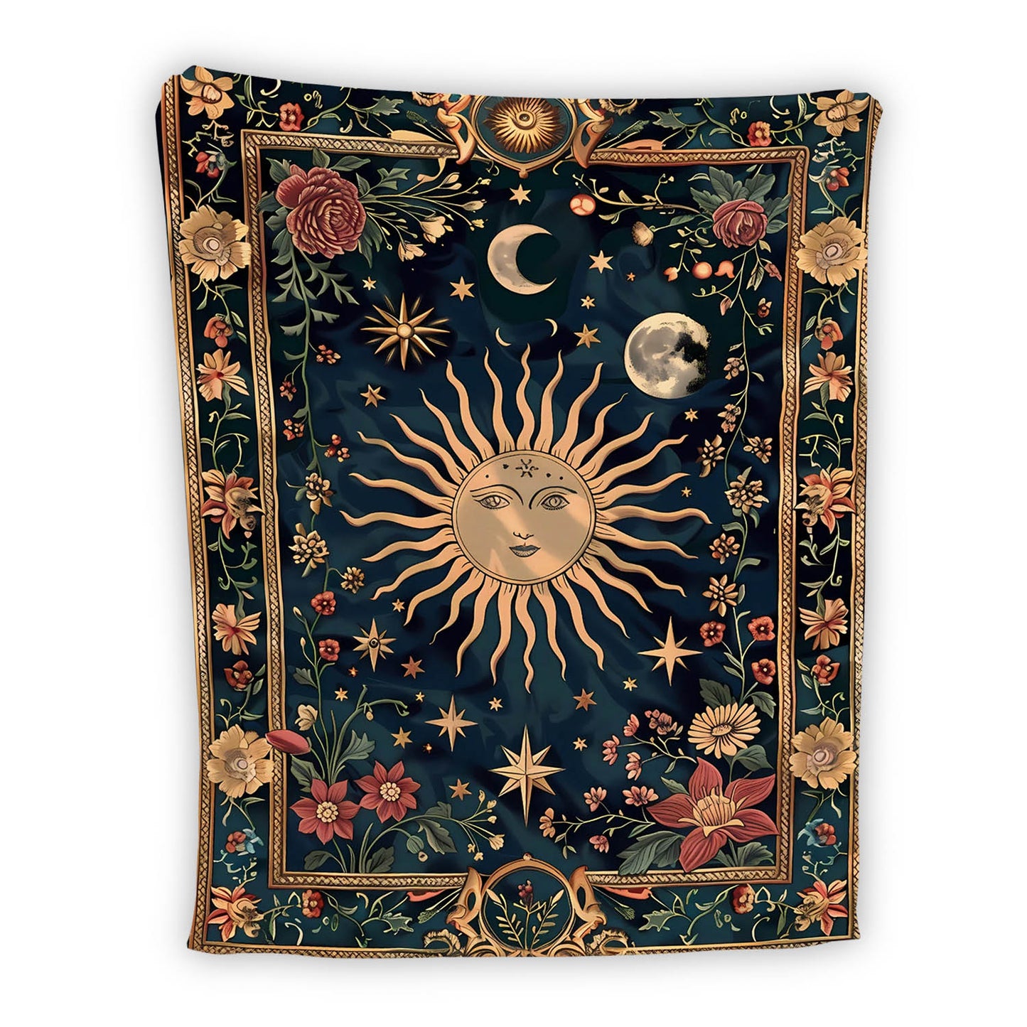 Celestial Sun and Moon Blanket, Whimsical Starry Night Floral Tapestry, Cosmic Decor, Ethereal Boho Throw, Mystical Sunflower Botanical Art - Blanket - Gift for Family - BL010