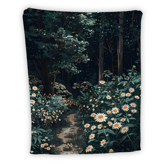 Enchanted Forest Path Blanket, Cottagecore Floral Tapestry, Vintage Botanical Decor, Mystical Woodland Aesthetic, Fairytale Daisy - Blanket - Gift for Family - BL022