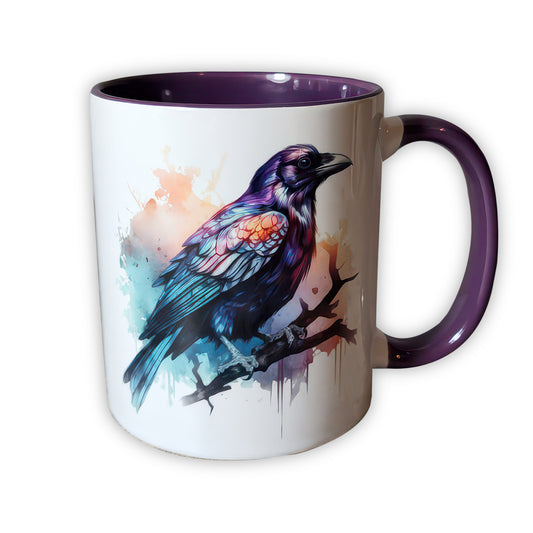 Watercolour Raven Gothic Print Ceramic Mug with Purple Handle - Gift for Family - MG004