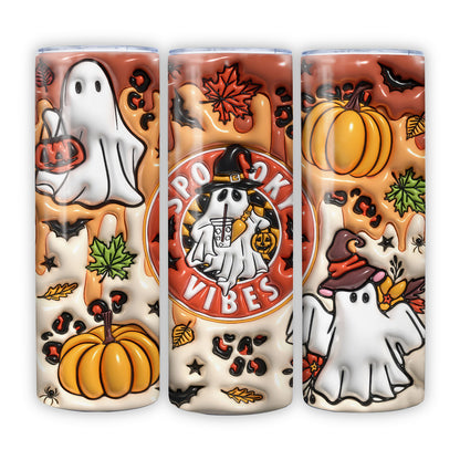 3D Orange Spooky Vibes Inflated Tumbler, Puff Halloween Ghost, 20oz Tumbler - Gift for Family - TL011