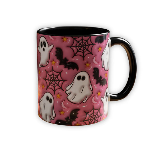 Halloween 3D Inflated Effect Accent Mug - Puffy Ghosts, Webs, Bats, Pink Coffee & Tea Mug, Cute 11oz/15oz, Spooky Fall Gift for Girlfriend - MG002