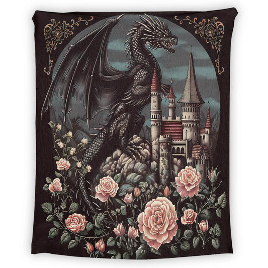 Victorian Dragon Blanket, Medieval Castle Guarded by Vintage Inspired Animal Tapestry, Gothic Mythology Decor and Floral Folklore Aesthetic - Blanket - Gift for Family - BL013